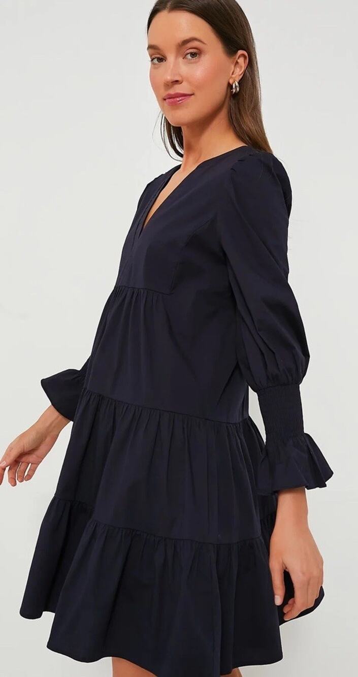 NEW TUCKERNUCK POMANDER PLACE Kenzo Smocked Long Sleeve Tiered Dress SZ S Navy